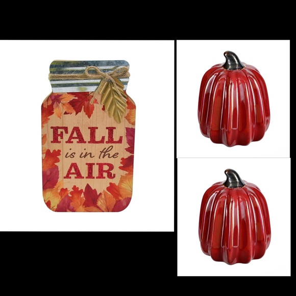 🆕2 Cranberry Pearl Porcelain Pumpkins & Fall Is In The Air Wood Mason Jar Sign - Picture 17 of 17